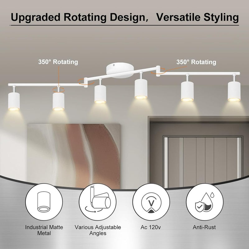 AUQUEE 6 Light Track Lighting Fixtures Ceiling, Matte White Kichen Track Lighting Fixtures with Rotatable Light Heads, Foldable Lamp Arms, Modern LED Track Lights for Kitchen/Hallway, No GU10 Bulb - Image 3